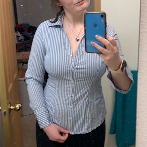 A white and blue Button up blouse